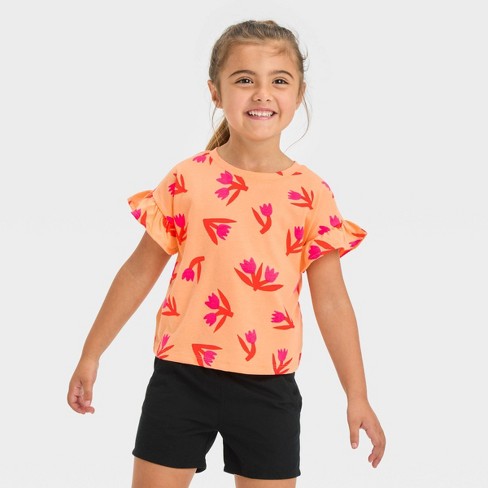 Toddler Girls' Floral Tulip T-Shirt - Cat & Jack™ Peach Orange 12M
