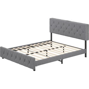 Full Size Bed Frame, Upholstered Platform with Headboard, Upholstered Bed Frame with Linen Fabric Wrap, Platform Bed with USB Ports, Light Gray - 1 of 4
