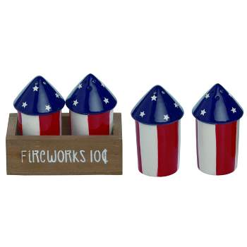 Transpac Rocket Fireworks with Tray Dolomite Salt and Pepper Shakers Collectables Red Blue 4.75 in. Set of 3