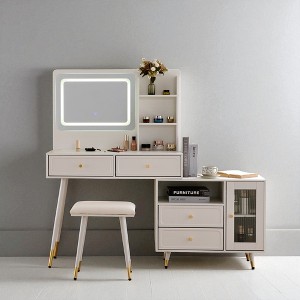 Modern Makeup Vanity Desk with Mirror and Lights,Retractable Dressing Table with Drawers,Cabinet and Power Outlet,Compact Makeup Table for Home - 1 of 4