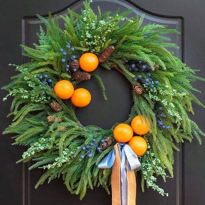 Norfolk Pine Wreath 24 Inch Real Front Door Wreaths with Faux Oranges Pine Cones Ribbon Rustic Farmhouse Decor - 1 of 4