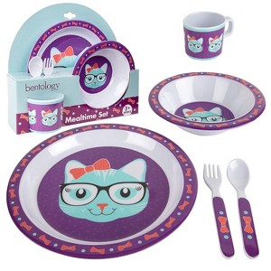 Bentology 5 Pc Kitty Mealtime Baby Feeding Set for Toddlers - Includes Plate, Bowl, Cup, Utensil Flatware - Dishwasher Safe - Christmas Gift for Kids - 1 of 3