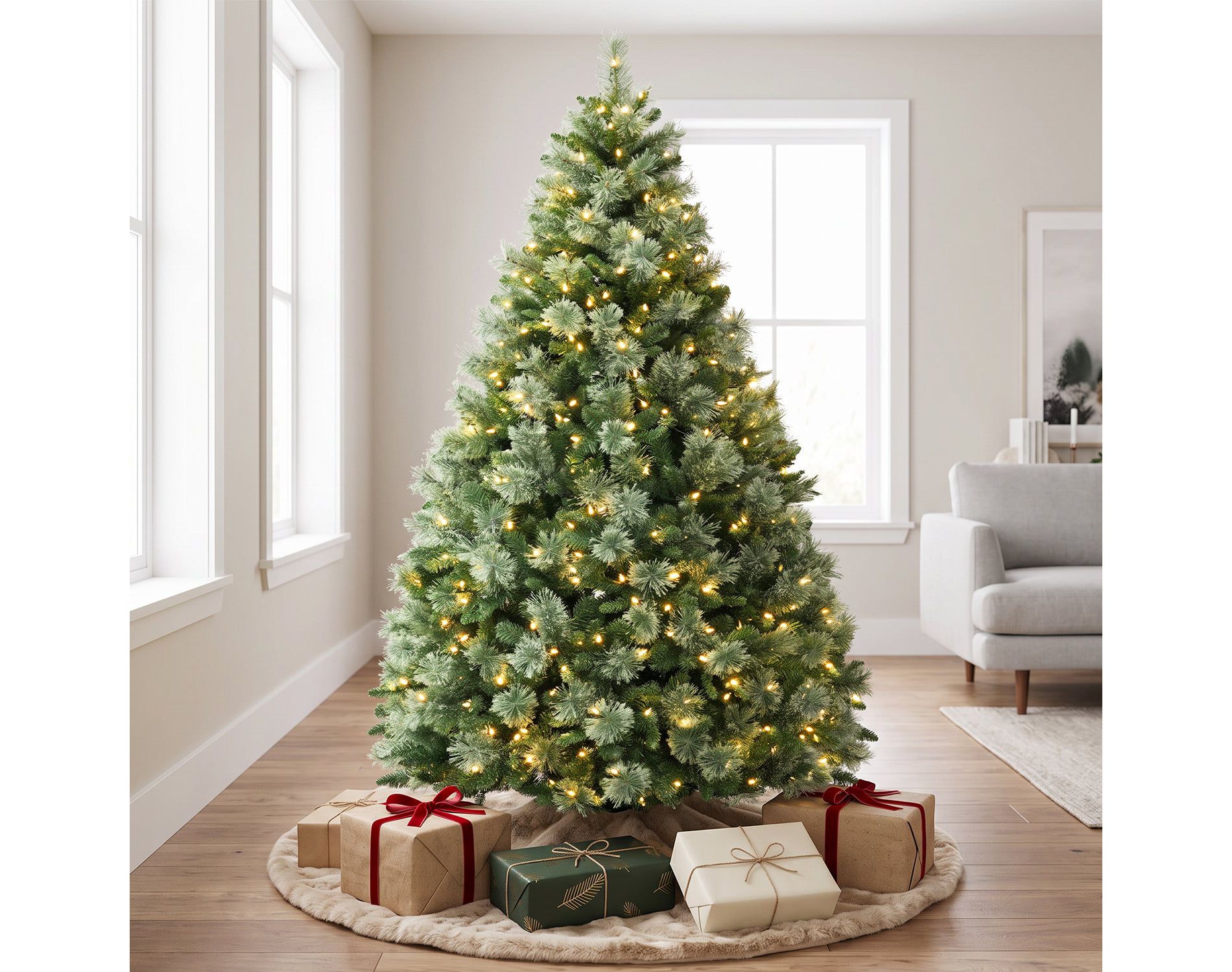 VIVATREES 7.5ft Artificial Christmas Tree Prelit with Warm White LED Lights Pine Needles Hinged Branches Metal Stand Green Xmas Tree for Decor
