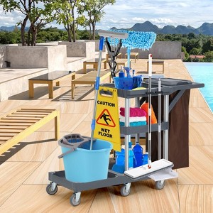 Commercial Janitorial Cleaning Cart on Wheels - Black Housekeeping Caddy with Cover, Shelves and Vinyl Bag - 1 of 4