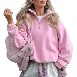 Womens Polar Fleece Sweatshirts with Half Zipper Pink Sweatshirt Cozy Fleeced Shirts with Elastic Cuff Turtle Neck Sweat Tops - 1 of 4