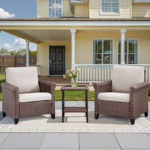 Buenhomino 3-Piece Outdoor Wicker Patio Set, 2 Lounge Chairs & Side Table with Driftwood Rattan & Weather-Resistant Cushions - 1 of 4