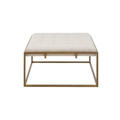 Ivory Tufted Square Ottoman with Bronze Metal Base