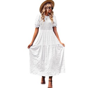 Coolmee Women's Summer Casual Maxi Dresses Square Neck Puff Short Sleeve Smocked A Line Floral Flowy Elegant Boho Dress - 1 of 4