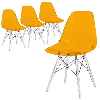 LeisureMod Cresco (Set of 4) Mid-Century Modern Acrylic Dining Chair with Acrylic Dowel Eiffel Legs – Kitchen & Dining Room Chair, Transparent Orange
