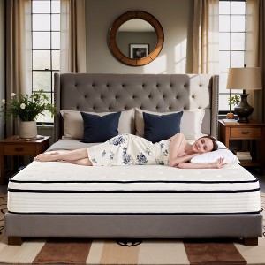 Luck Live 12 inch boxed Queen mattress, medium firmness support, pressure relief, and CertiPUR-US certified. - 1 of 4