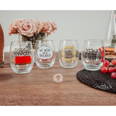 Friends TV Show Iconic Quotes Clear Glass Stemless Wine Set