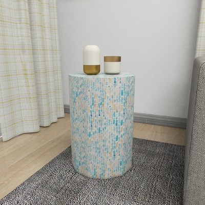 Elegant Blue Mother of Pearl 13" Round Wood Accent Table