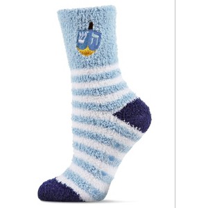 Memoi Striped Dreidel Embroidery Cozy Holiday Crew Socks Light Blue 9-11 - 1 of 4
