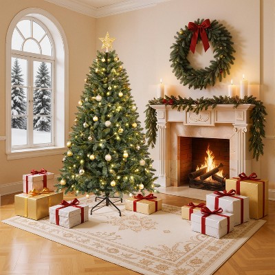 KTMBDW 6/7.5 ft Prelit Christmas Tree, Artificial Christmas Tree with Warm White Lights, Branch Tips, Metal Stand and Hinged Branches