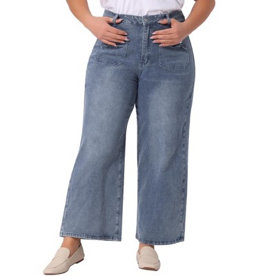 Agnes Orinda Women's Plus Size Casual Stretch Washed Pockets Wide Leg Palazzo Denim Jeans