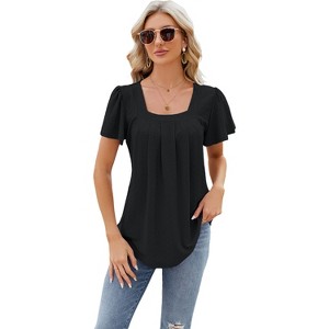 Womens Square Neck Pleated Blouse with Flutter Sleeve Eyelet Embroidered Curved Hem Tops with Circular Sleeve Textured Summer Tunic Blouse - 1 of 4