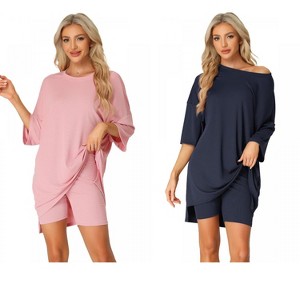 INSPIRE CHIC Women's 2 Pcs Knit Loungewear 3/4 Sleeve T-Shirt with Bike Shorts Pajama Set - 1 of 4