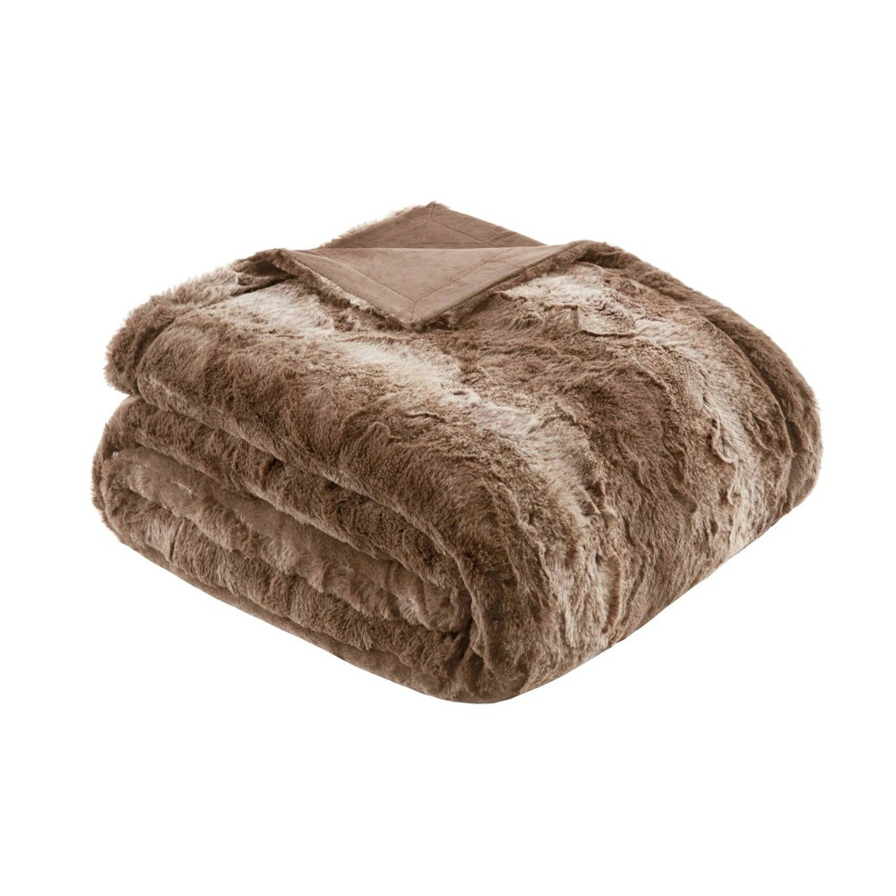 Photos - Duvet 60"x70" Oversized Marselle Faux Fur Throw Blanket Tan - Madison Park