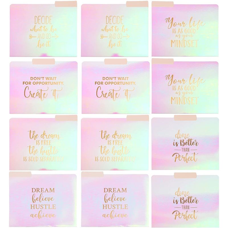 12 Pack (2 of Each) Motivational Iridescent File Folders, Letter Size (9.5 x 11.5 inches), Durable Cardstock Pink with Rose Gold Foil, 6 Designs, 3 of 8