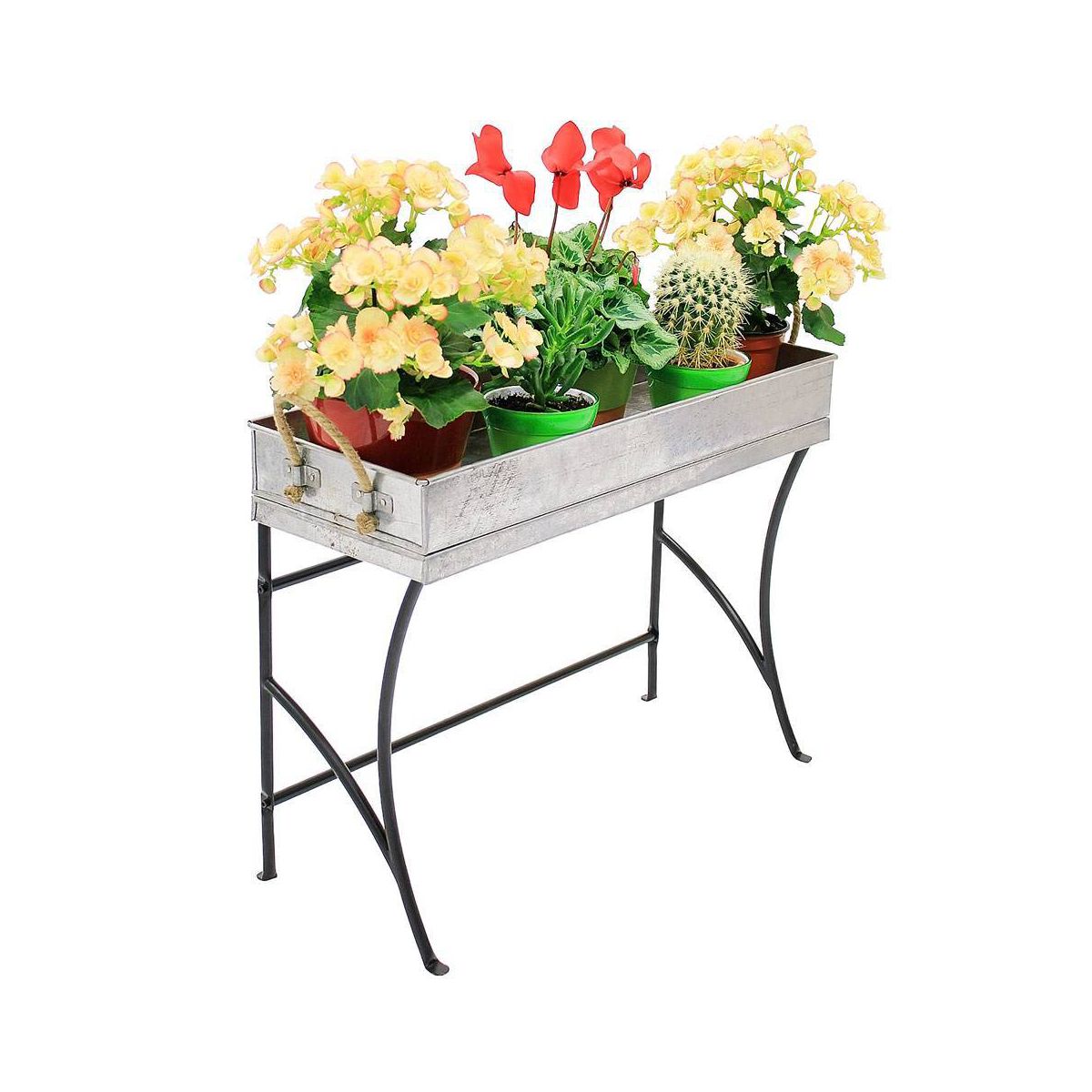22" Stylish Trestle Indoor Outdoor Steel and Iron Plant Stand Black Powder Coat Finish - Achla Designs: Galvanized Tray, No Assembly Required - thumbnail 7