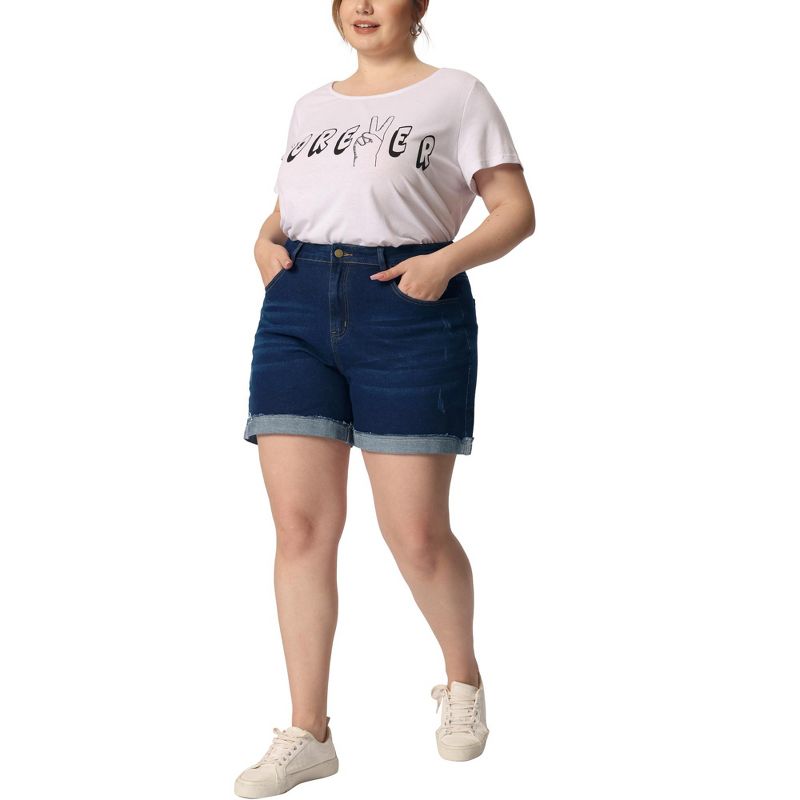 Agnes Orinda Women's Plus Size Denim Roll Hem High-Rise Stretch Trendy Jean Shorts, 2 of 6