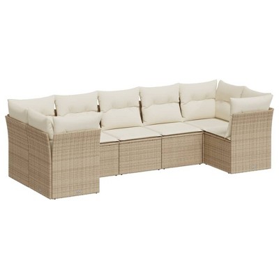 vidaXL Patio Sofa Set with Cushions Outdoor Furniture 7 Piece Poly Rattan - Beige and Cream
