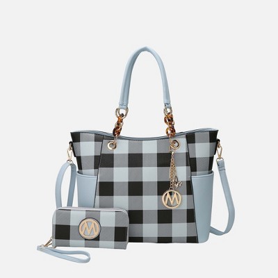 MKF Collection Bonita Checker Tote & Wallet Set - Stylish Vegan Leather Bag by Mia K- Light Blue