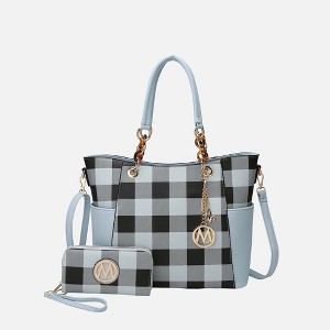 MKF Collection Bonita Checker Tote & Wallet Set - Stylish Vegan Leather Bag by Mia K- Light Blue - 1 of 4