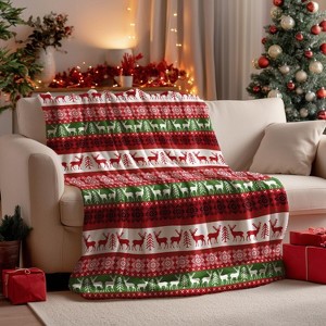Lomsoe Christmas Flannel Blanket Throw Cozy Warm Throw Blanket with Red Green Reindeer Print Christmas Gift for Winter Couch Sofa Bed Home Decor - 1 of 4