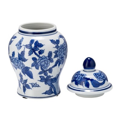 8" White and Blue Ceramic Temple Jar with Lid