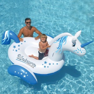 Swimline 108" Water Sports Inflatable Giant Magical Unicorn Swimming Pool 2-Person Ride-On Lounger - Blue/White - 1 of 3