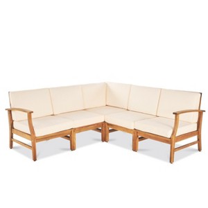 GDFStudio Abena Outdoor Acacia Wood 5 Seater Sectional Sofa Set with Cushions - 1 of 4
