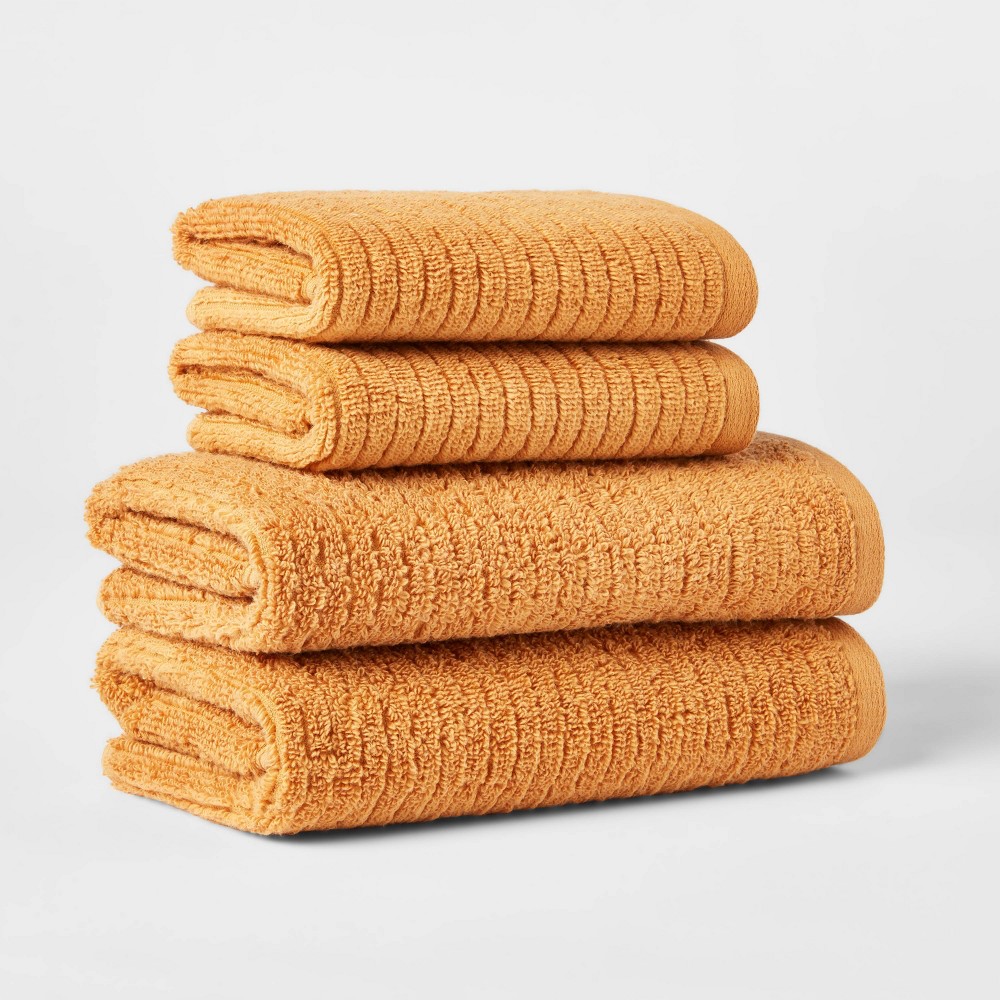 4pk Quick Dry Ribbed Hand/Wash Towel Set Gold - Threshold