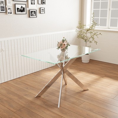 Vynxaria 47.2-inch modern minimalist tempered Fiberglass coffee table, metal leg rectangular dining table for livingroom