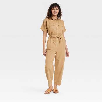 Allegra K Women's Short Sleeve Collared Cropped Coverall Button Down Tie  Waist Cotton Cargo Jumpsuit Khaki X-small : Target