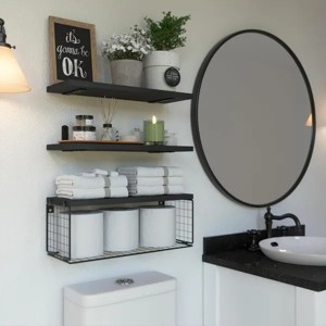 Racxily Bathroom Shelf Over Toilet, Floating Bathroom Shelf Wall Mounted with Wire Basket, Floating Shelf for Wall D¨¦cor,Black - 1 of 4