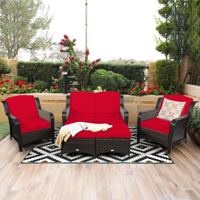 Costway 5PCS Patio Rattan Furniture Set Loveseat Sofa Ottoman W/Red\White Cushion, 2 of 11