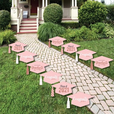 Big Dot of Happiness Rose Gold Grad - Grad Cap Lawn Decorations - Outdoor 2021 Graduation Party Yard Decorations - 10 Piece