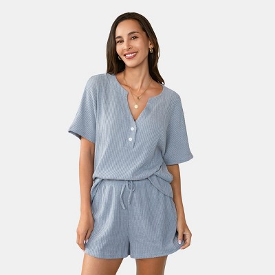 Women's Slate Ribbed Short Sleeve Tee & Shorts Pajama Set - Cupshe