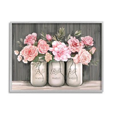 Stupell Industries Blossoming Pink Rose Bouquets Rustic Country Jars