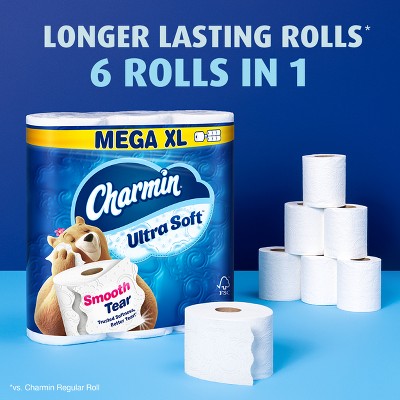 Dark blue background with Charmin Ultra Soft pack and toilet paper rolls in a pyramid, along with text "Longer lasting rolls 6 rolls in 1"