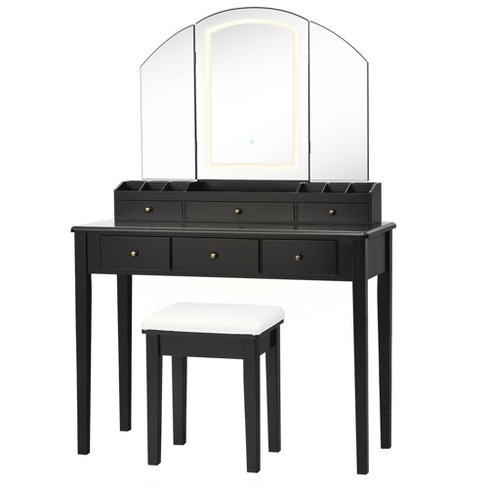 Folding Dressing Makeup Vanity Set Table With 4 Drawers Stool and Mirror Black for sale online 