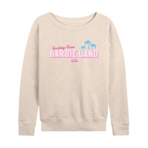 Women's - Barbie - Greetings from Barbie Land Lightweight French Terry Wide Neck Long Sleeve Shirt - 1 of 4