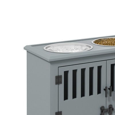 Gray Stainless Steel Elevated Dog Bowls with Storage Cabinet