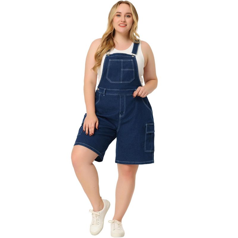 Agnes Orinda Women's Plus Size Denim Overalls Cross Back Cargo Pocket Adjustable Strap Jeans Shortalls, 3 of 7