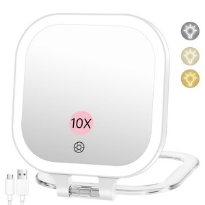 FASCINATE 2-Sided 10X Magnification Rechargeable Travel Makeup Mirror with 3 Colors LED Lighting & Stepless Dimming - 1 of 4