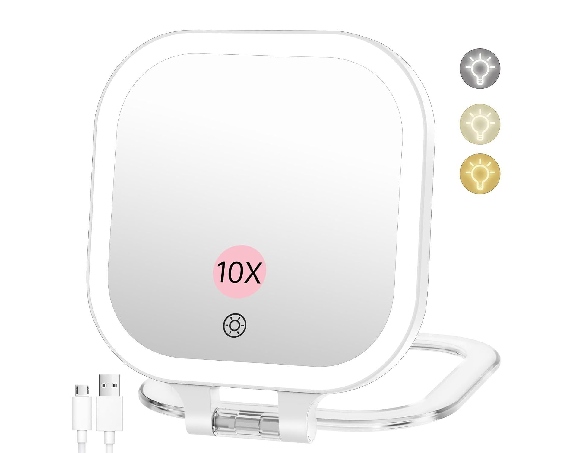 FASCINATE 2-Sided 10X Magnification Rechargeable Travel Makeup Mirror with 3 Colors LED Lighting & Stepless Dimming