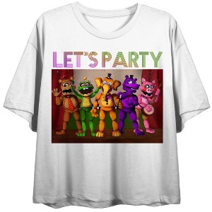 Five Nights At Freddy's Let's Party Group Shot Crew Neck Short Sleeve Women's White Crop Top - 1 of 4