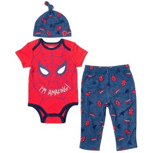 Marvel Avengers Hulk Captain America Spider-Man Baby Bodysuit Pants and Hat 3 Piece Outfit Set Newborn to Infant - 1 of 4