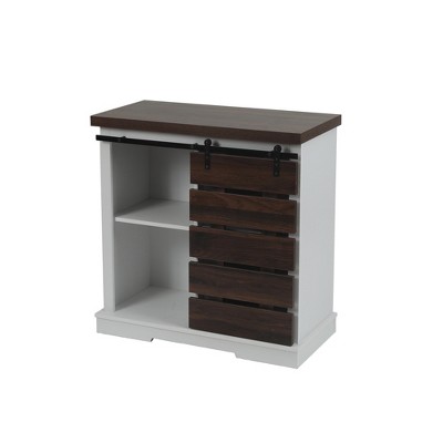 White and Dark Brown Wood Sliding Door Storage Cabinet
